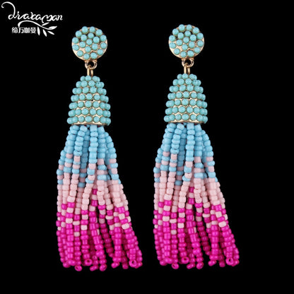 Dvacaman Brand  Layers Colorful Beads Tassel Fringes Earrings Women Boho Ethnic Long Drop Dangle Earrings Party Jewelry