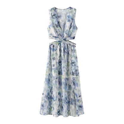 European and American summer new fashionable high waisted temperament pleated printed dress long skirt