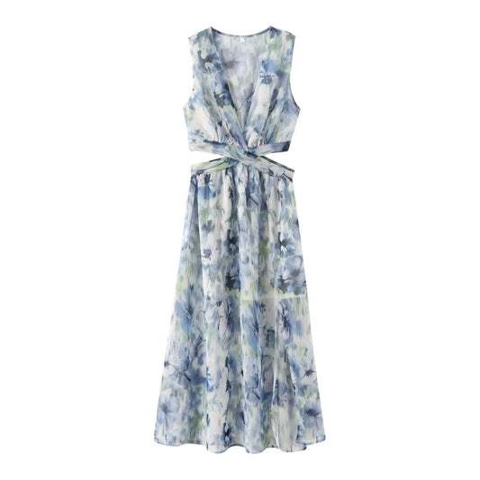 European and American summer new fashionable high waisted temperament pleated printed dress long skirt