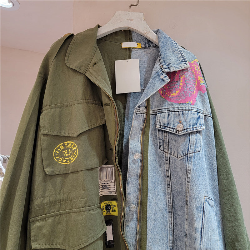 Women's patchwork color-matched denim coat