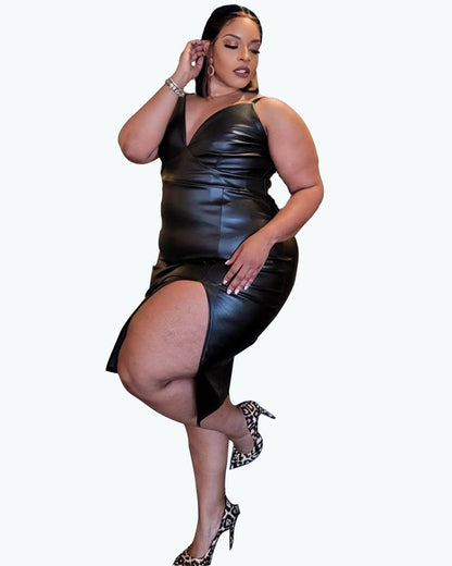Plus Size PU leren split heup cami jurk