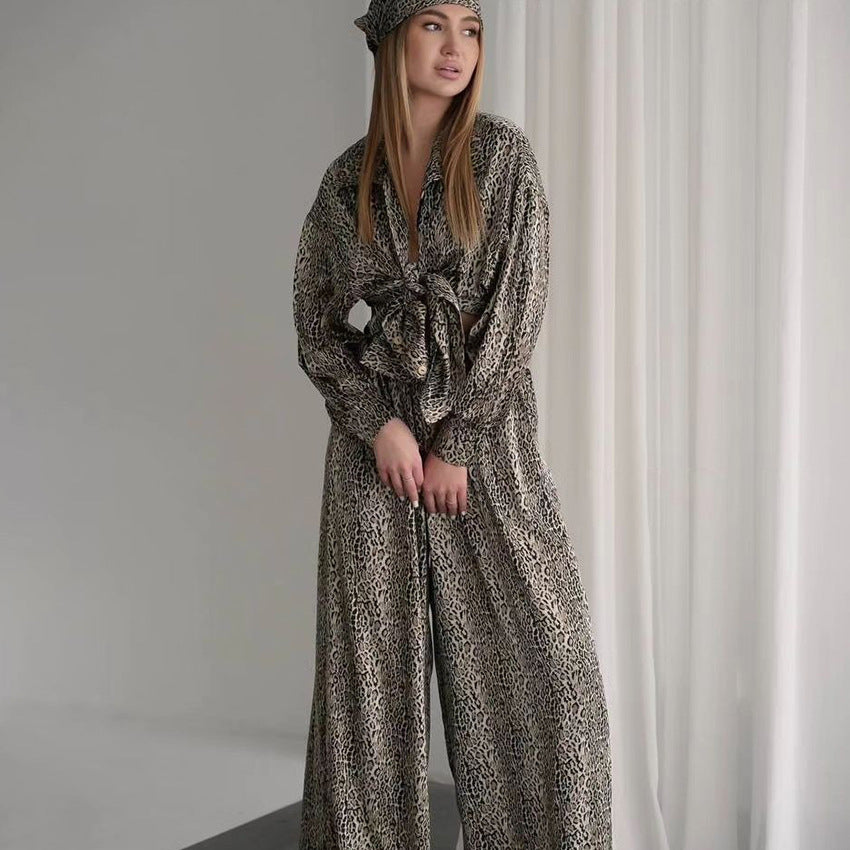 Style Summer Open Front Imitation Silk Leopard Print Long Sleeve Long Pants Loungewear Women's Fashion Loose Ice Silk Pajamas