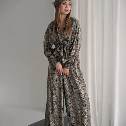 Style Summer Open Front Imitation Silk Leopard Print Long Sleeve Long Pants Loungewear Women's Fashion Loose Ice Silk Pajamas