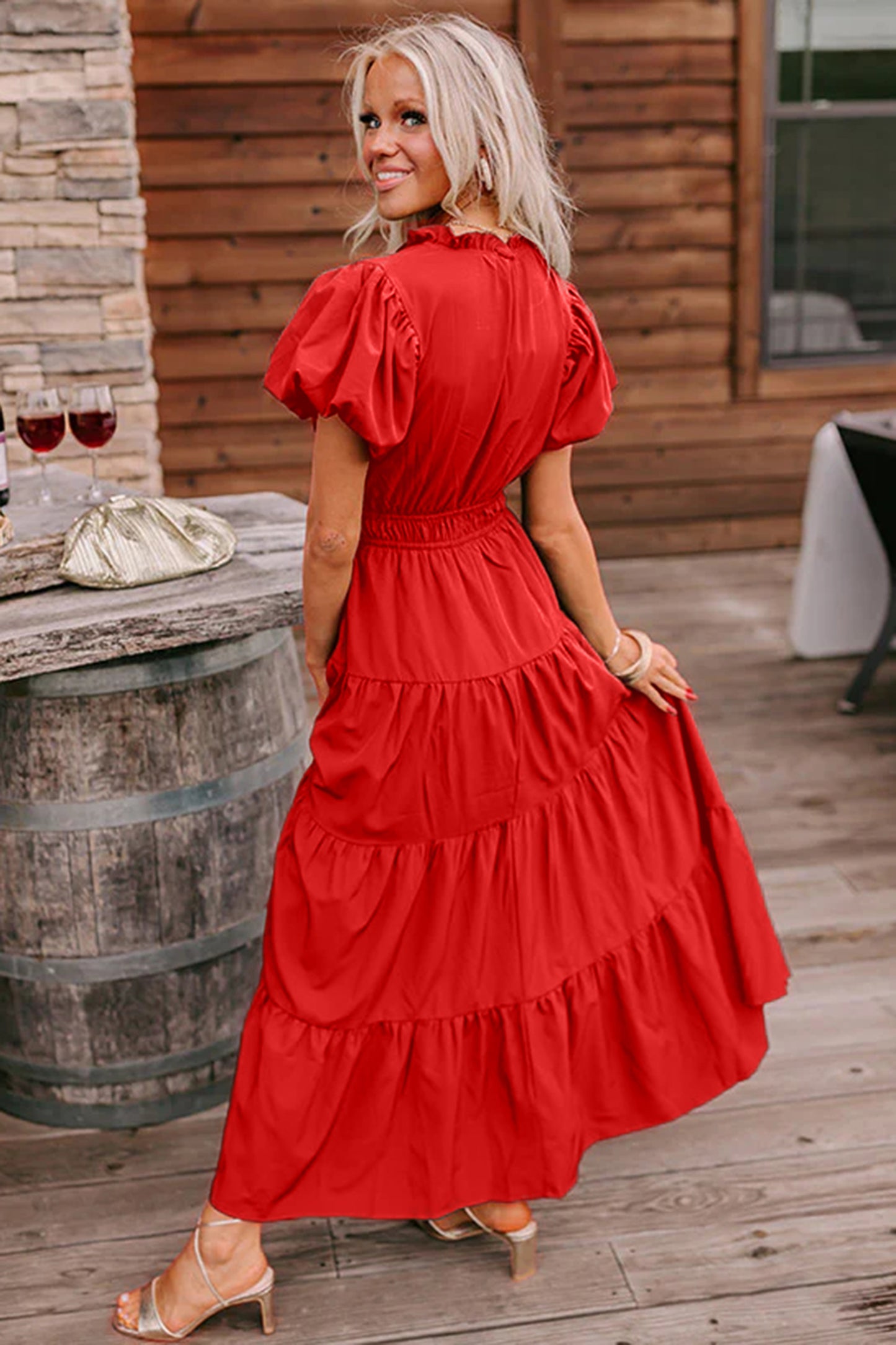 Effen maxi-jurk met V-hals korte pofmouwen en hoge taille