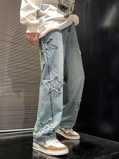 Rechte jeans met sterren aplicaties en wijde pijpen voor jongens