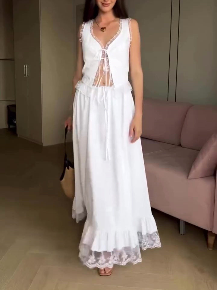 Wit kanten patchwork vest en elastische taille rok pak