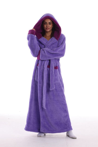 Hooded Solid Color Fleece Bathrobe with Belt Ankle Length Warm Couple Loungewear