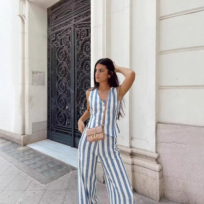 Women's Clothing Imitation Linen Striped Tank Top + Long Pants Set