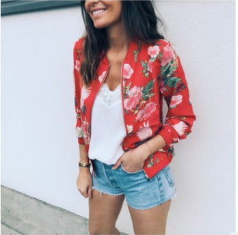 New Round Neck Print Fashion Zipper Jacket Coat for Women