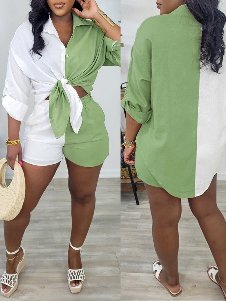 Summer European and American new color blocked button up cardigan asymmetrical hem top and shorts set for women
