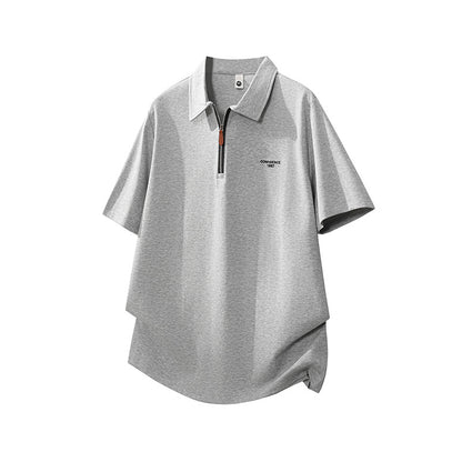 Men's Zipper Letter Embroidery Short Sleeve Polo Shirt