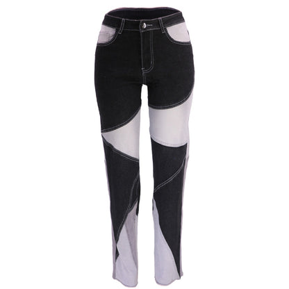 Autumn new European and American stretch plus size women's wide leg pants two tone jeans