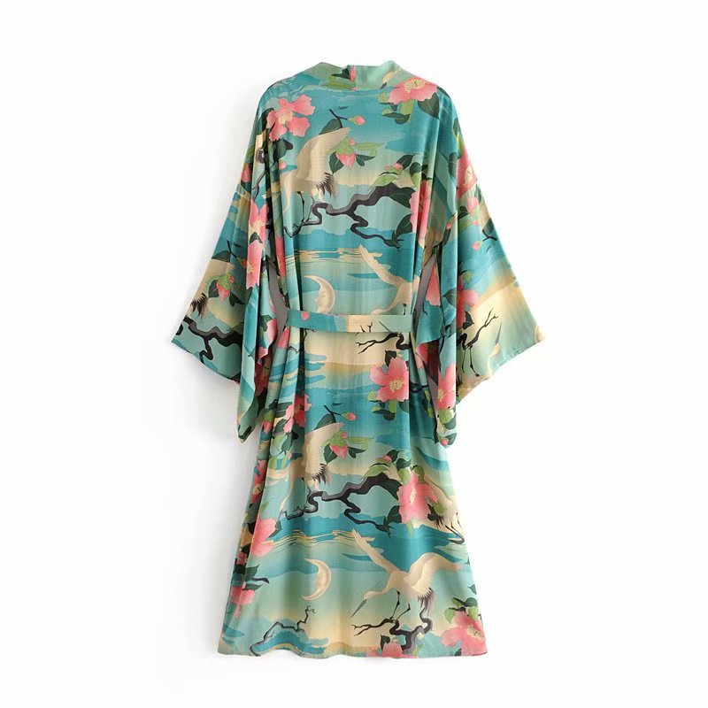 Green Vintage Retro Night Garde Print Boho Maxi Kimono Shirt Sleeve Cardigan Bohemian Long Wrap Blouse Summer Tops Beachwear