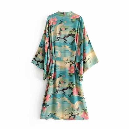 Green Vintage Retro Night Garde Print Boho Maxi Kimono Shirt Sleeve Cardigan Bohemian Long Wrap Blouse Summer Tops Beachwear