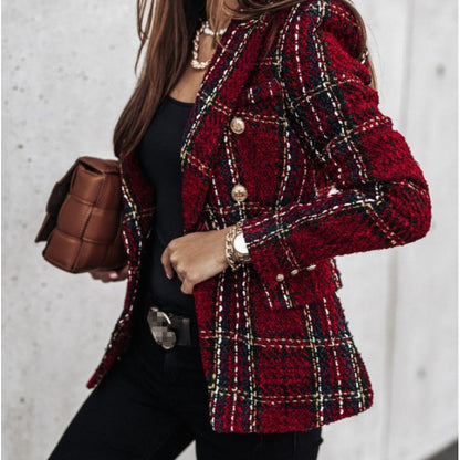Printed Long Sleeve Double-Breasted Suit Lapel Blazer Coat for Women