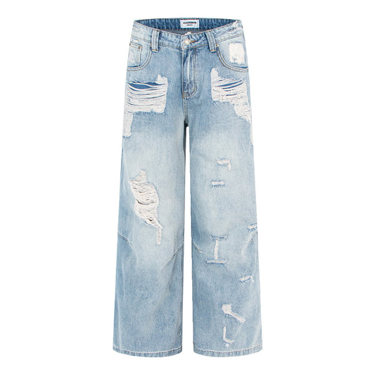Vintage jeans met gaten met verwassen look en losse rechte pijpen unisex
