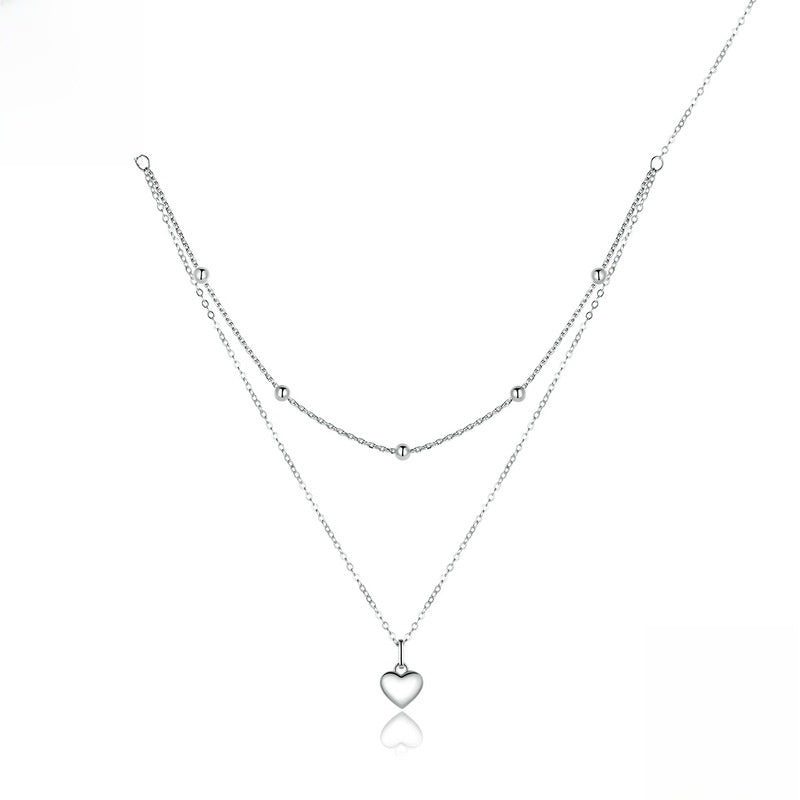 S925 Sterling Silver Heart Necklace Double Layer Layered Clavicle Chain