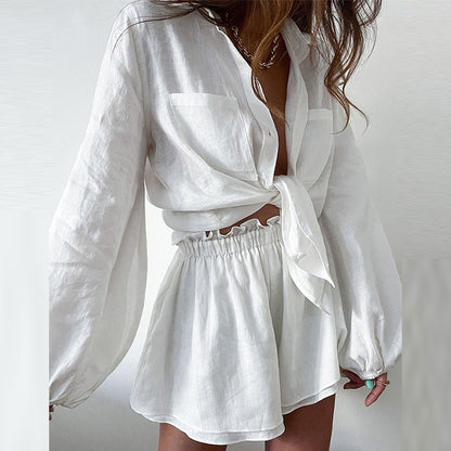 European and American casual summer solid color lace-up suit tops and shorts two-piece set