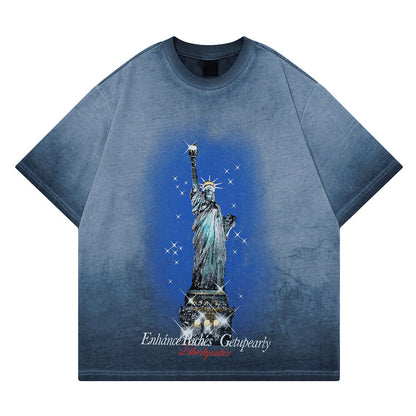 Print Summer Cotton Washed Vintage Short Sleeve T-Shirt
