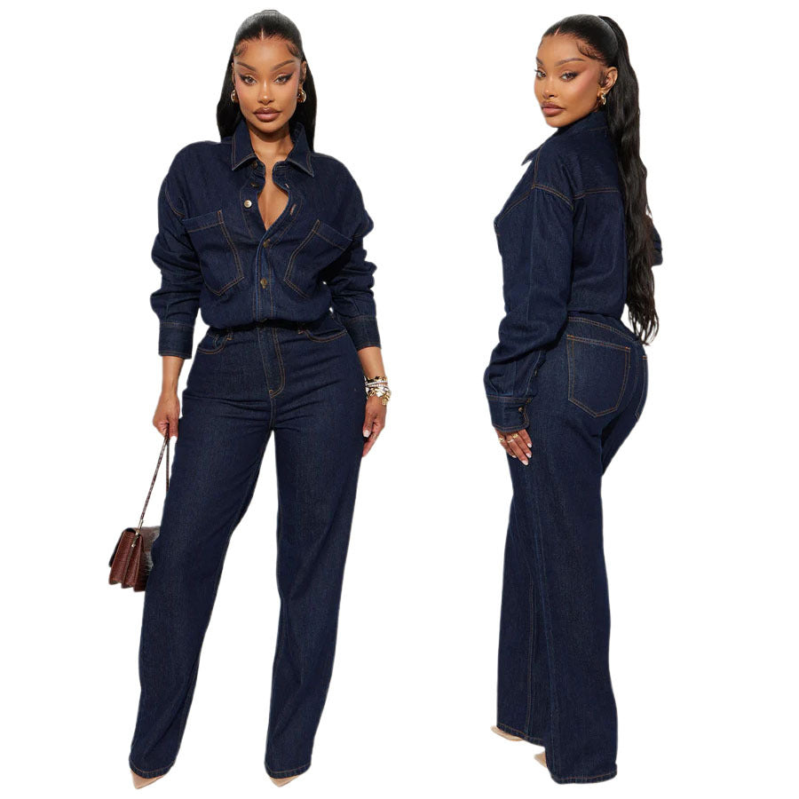 Slim fit elastic loose long sleeved denim jumpsuit