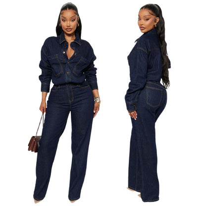 Slim fit elastic loose long sleeved denim jumpsuit