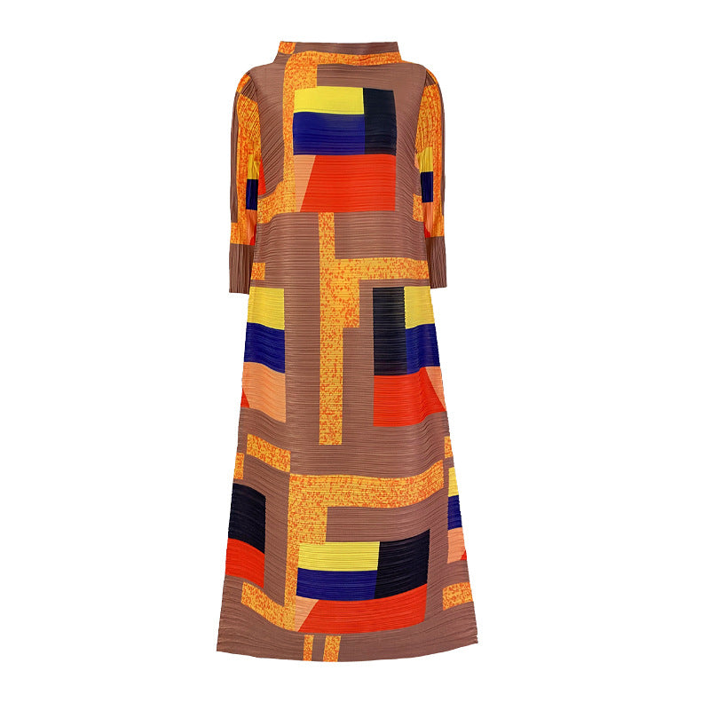Spring And Summer New Women's Square Print Long Pleated Dress