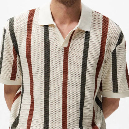 Summer striped contrasting lapel short sleeved t-shirt