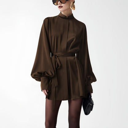 Elegant Satin Lantern Sleeve Loose Tie-Waist Dress