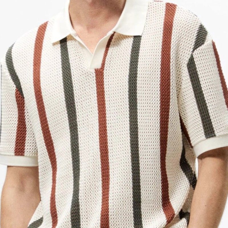 Summer striped contrasting lapel short sleeved t-shirt
