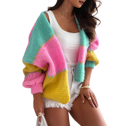 Color Block Splicing Knitted Cardigan Women's Loose Knit Sweater Jacket