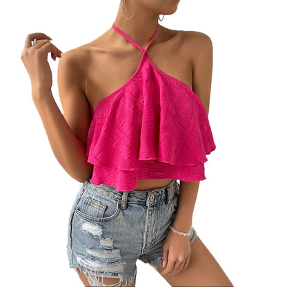 Women's sexy hot girl vest from Europe and America, summer backless design, niche hanging neck sleeveless top