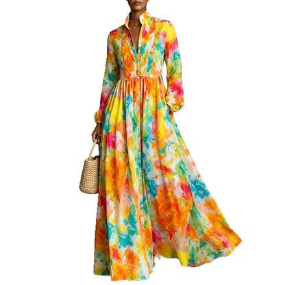 New Style Shirt Dress with  Floral Digital Printing Long Dress