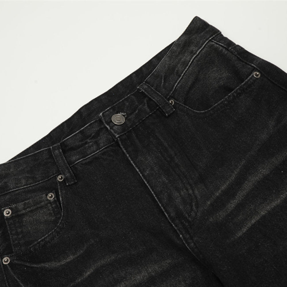 Washed denim straight leg pants