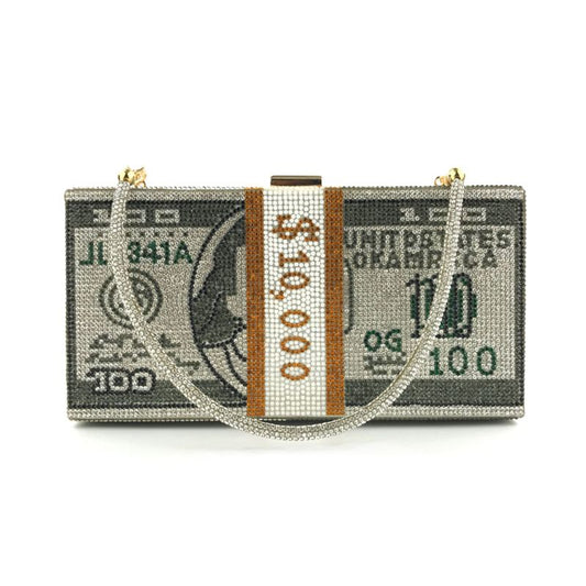 Avondtasje met strasssteentjes in de vorm geld een 10.000 dollar biljet