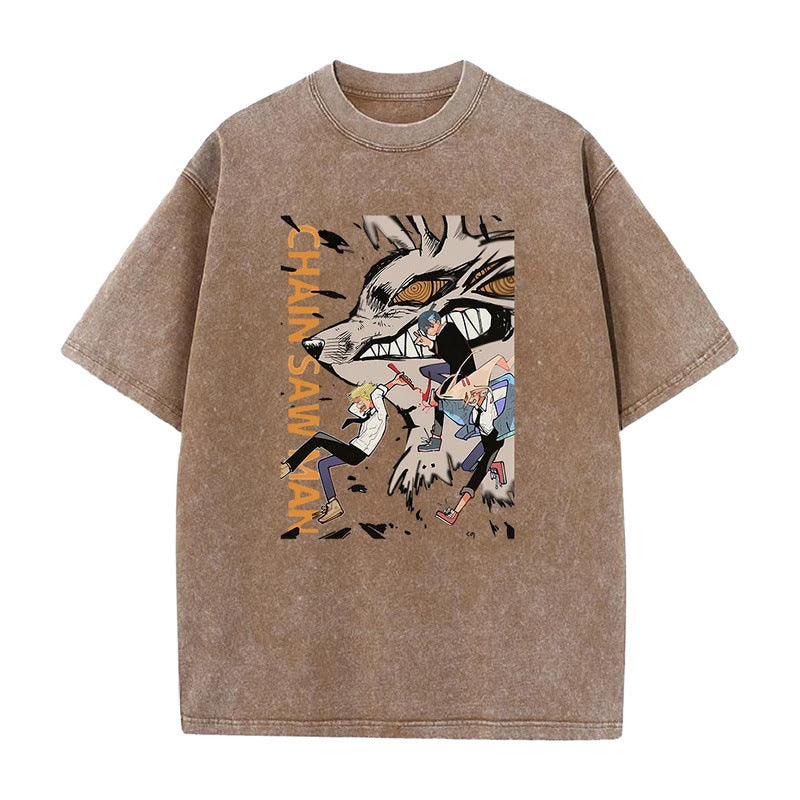 Summer New Anime Chainsaw Man Printed T-Shirt Summer Cotton Washed Vintage Short-Sleeved Top