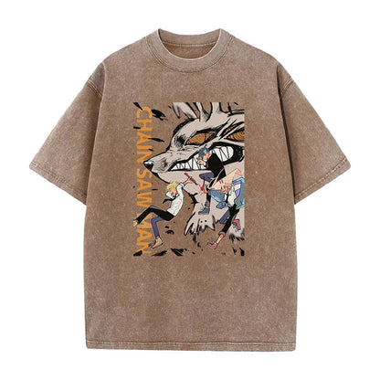 Summer New Anime Chainsaw Man Printed T-Shirt Summer Cotton Washed Vintage Short-Sleeved Top