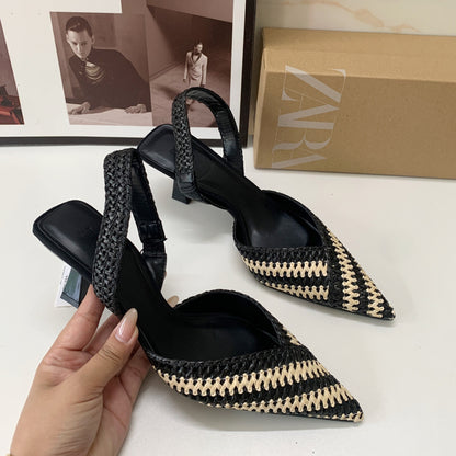 Franse luxe slingback pumps met gevlochten stiksels en spitse neus