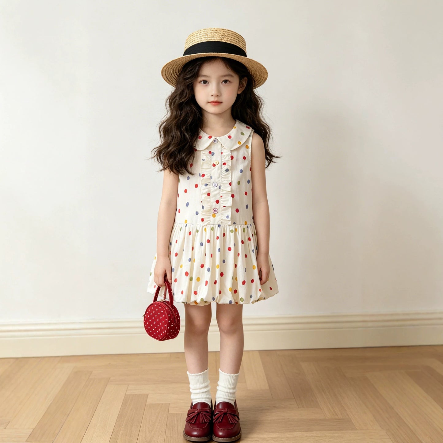 Cute Dress for Girls, Polka Dot Ruffle Sleeveless Peter Pan Collar Dress