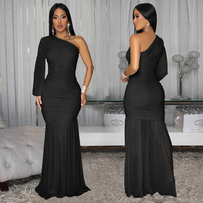 Fashion Women's Sexy Asymmetrical Sleeve Mesh Elegant Dress