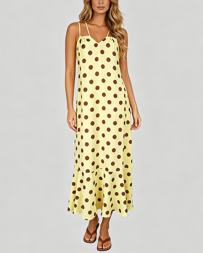 Women's Fashion Loose Banded Drawstring Backless Sleeveless Brown Dot Yellow Dress