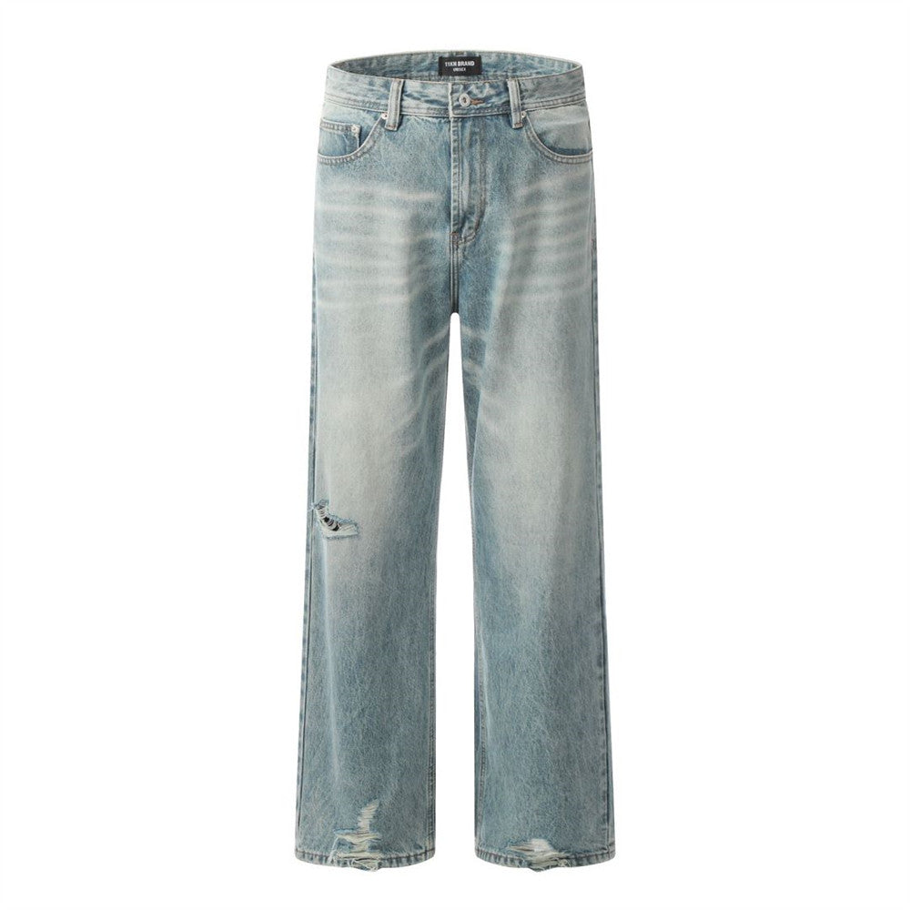 Ripped washed denim straight leg pants