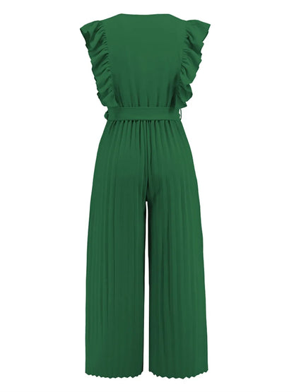 Geplooide jumpsuit met ceintuur en korte ruches mouwen