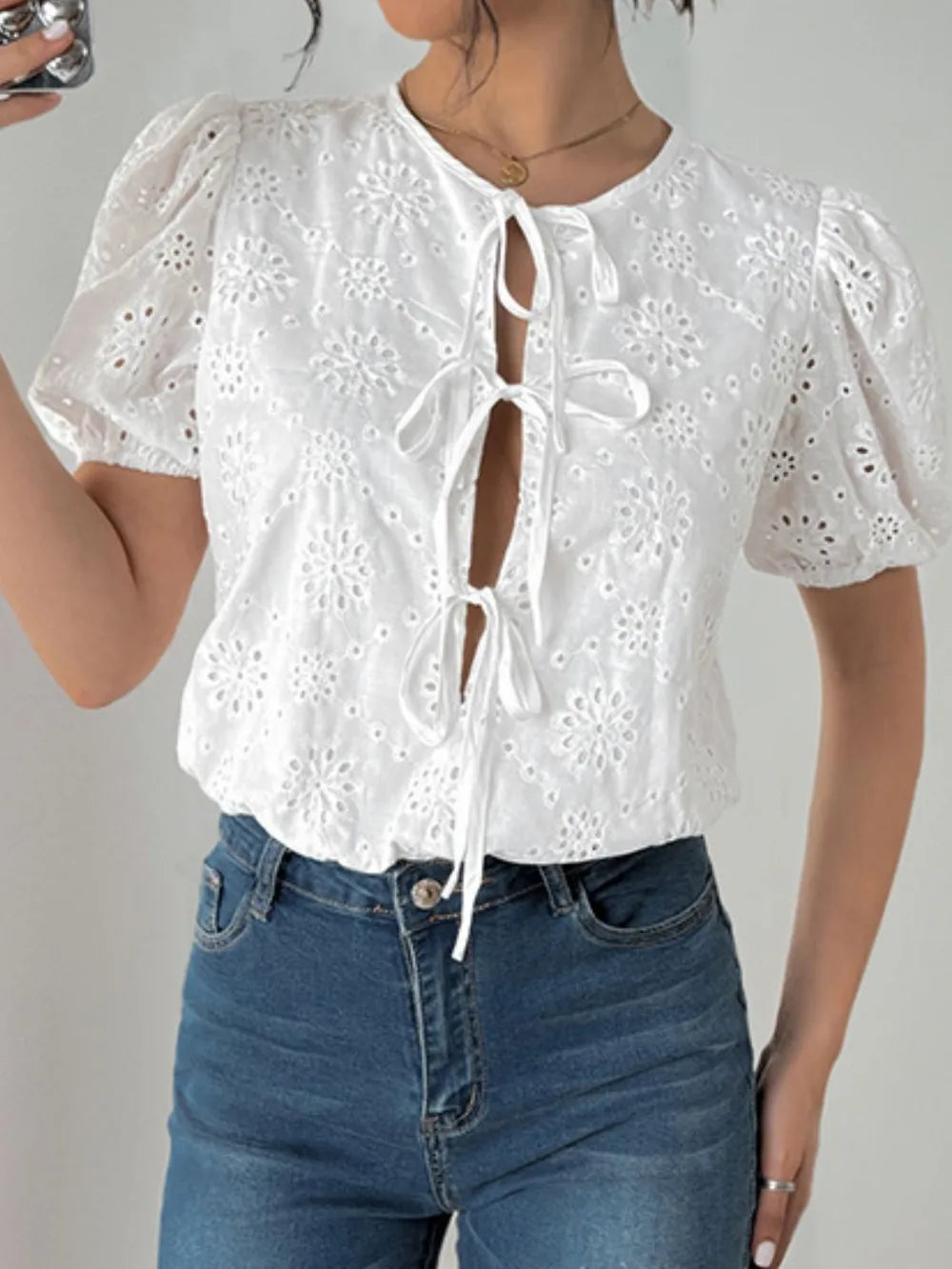 Tied Eyelet Short Sleeve Bodysuit