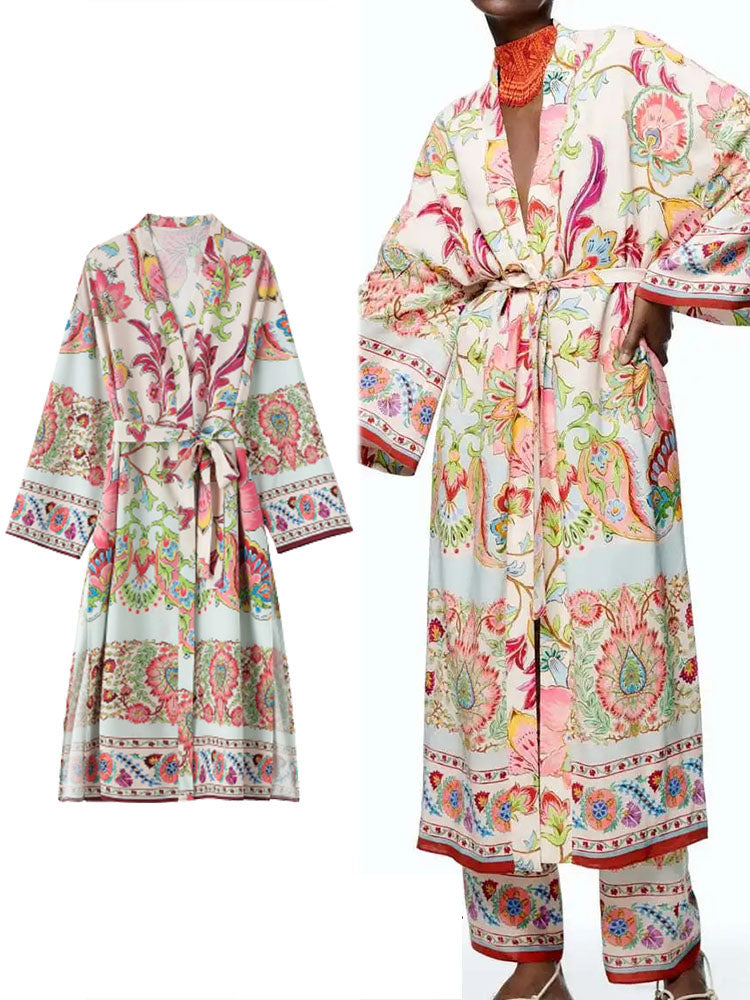 Woman Vintage Floral Print Kimono Dress Women V Neck Sashes Side Split Long Dress Fashion Holiday Boho Dress