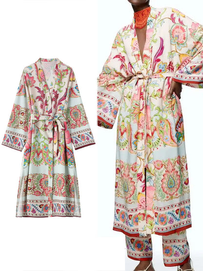 Woman Vintage Floral Print Kimono Dress Women V Neck Sashes Side Split Long Dress Fashion Holiday Boho Dress
