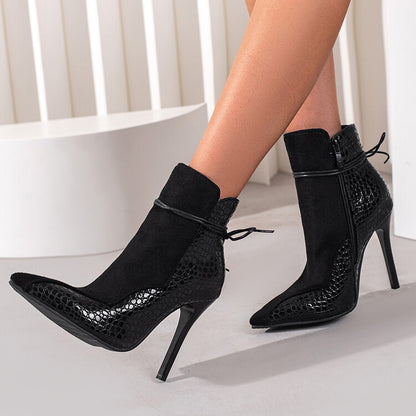 Sexy Autumn and Winter Leopard Print Colorblock Lace Up Stiletto Pointed Toe Ladies Short Boots