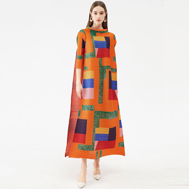 Spring And Summer New Women's Square Print Long Pleated Dress