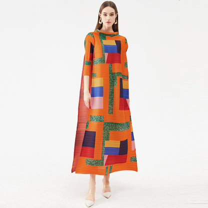 Spring And Summer New Women's Square Print Long Pleated Dress