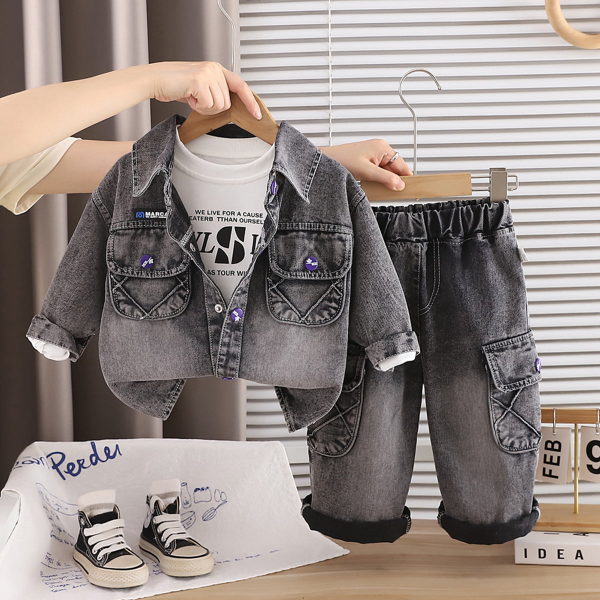 Casual clothing denim long sleeved three piece set