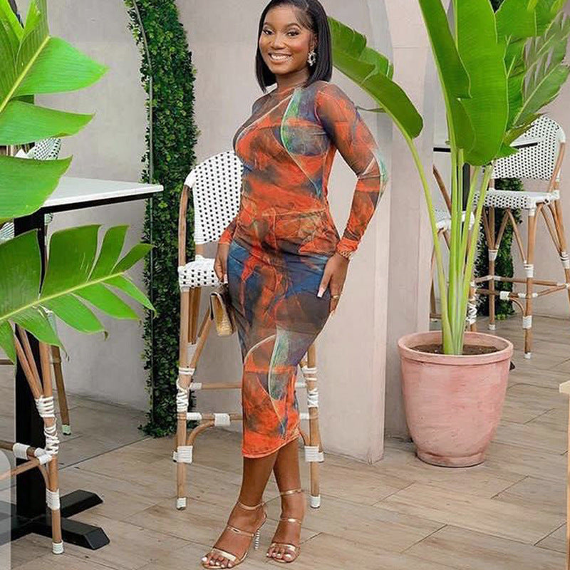 Jurk met print mesh open rug en lange mouwen